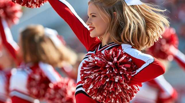 Dynamic cheerleaders performing with pom-poms at an outdoor stadium, athletic movement, teamwork, school spirit, energetic sports event, motion blur, with copy space