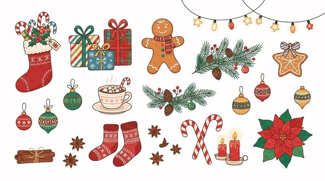 A festive collection of hand-drawn Christmas holiday icons and decorative winter elements