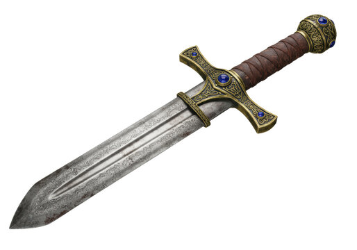 a highly detailed ornate fantasy medieval longsword with aged pattern-welded steel blade, sapphire-set tarnished bronze-gold hilt, and worn leather grip, on a transparent background with copy space,