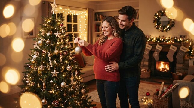 A happy expectant couple decorating a beautiful Christmas tree in their cozy candlelit living room