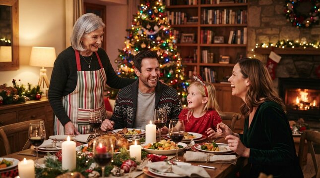 A happy family gathers together for a heartwarming festive Christmas dinner by the glowing fireplace