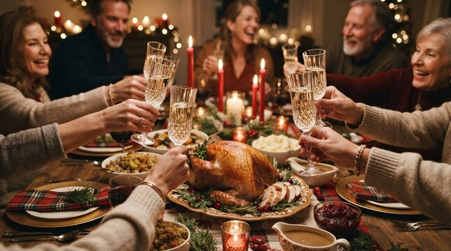 A joyful group of friends and family shares a warm celebratory Thanksgiving dinner with sparkling wine