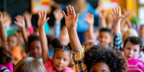 Fototapeta premium Diverse group of enthusiastic elementary school children raising hands in classroom, eager to participate, colorful clothing, bright natural lighting, joyful learning environment.