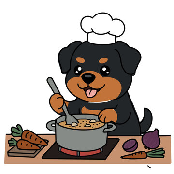Cute cartoon rottweiler puppy chef cooking soup, vector illustration