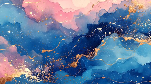金箔の煌めきと青・ピンクが溶け合うアルコールインクアート・大理石風の流体グラデーションが幻想的で高級感あふれる抽象背景素材