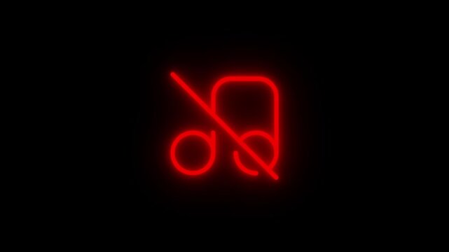 Bright red neon muted audio notes icon glowing on black background a musical