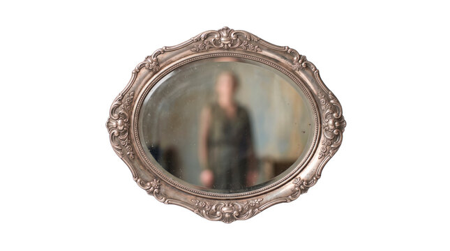Antique ornate silver framed oval mirror reflecting a blurred figure, perfect for Halloween themes PNG Isolated on transparent background