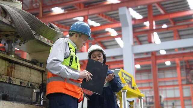 Two industrial engineers wearing safety equipment inspect machinery and discuss quality control during a factory audit in a manufacturing facility.