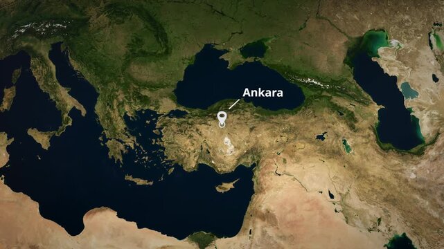 Satellite globe animation zooming to Ankara, Turkey featuring a white location pin, concentric circle highlight and typography for a travel graphic template