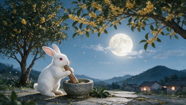 White Rabbit with Mortar and Pestle Under Moonlit Osmanthus Tree for M