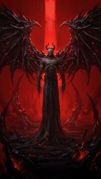 Menacing dark horned entity with vast wings standing in hellish red inferno landscape.