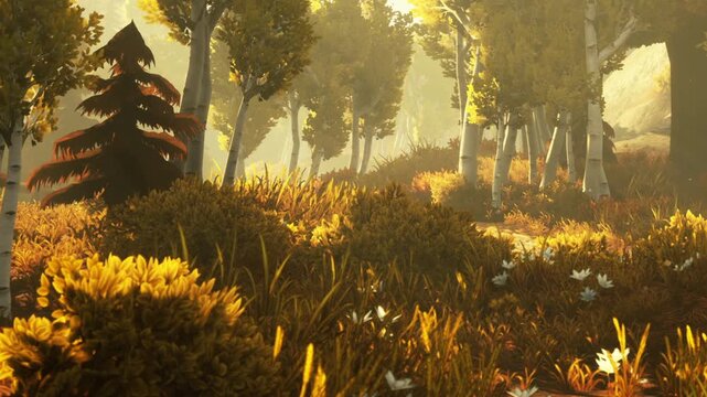 A lush forest scene shows trees and small white flowers on the ground. Sunlight filters through the leaves, creating patches of light among the greenery.
