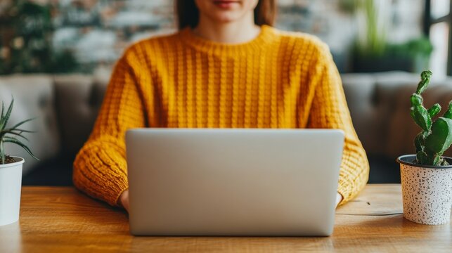 Calm Cafe Desk Moment: Anonymous Freelancer Working Remotely In Coworking Lounge Lap