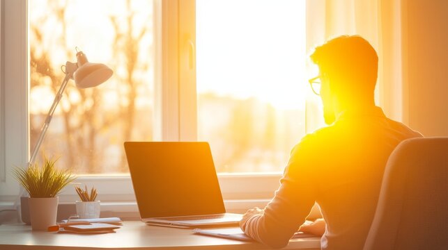 Bright Warm Light Workspace: Anonymous Professional Working Remotely In Sunlit Home Office