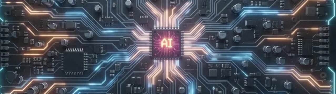 Artificial intelligence chip central to a computer circuit board connecting and processing digital information through glowing pathways.