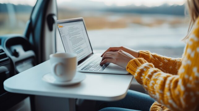 Concentrated Flexible Workplace Scene: Remote Worker Typing From Camper Van Desk Working Remotely Mo