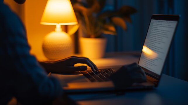 Concentrated Portable Office Scene: Remote Worker Typing Late At Night With Desk Lamp Working Rem