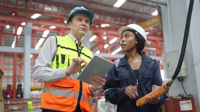 Two industrial engineers in safety gear review equipment data on a tablet inside a factory. The team works together during a maintenance inspection in a modern manufacturing plant.