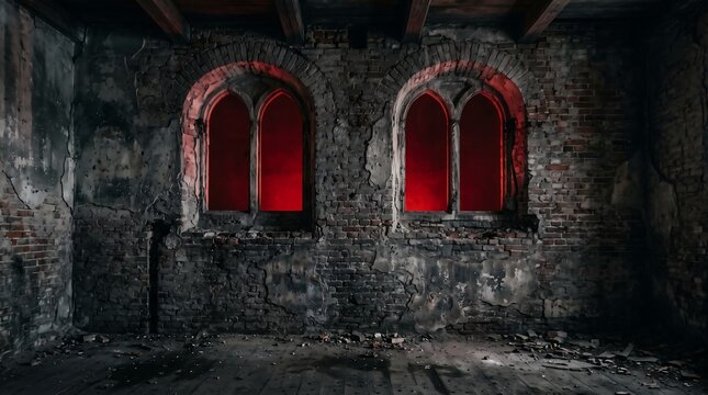 A dark and eerie abandoned stone room featuring glowing red windows perfect for a spooky halloween atmosphere or a mysterious gothic horror themed background design