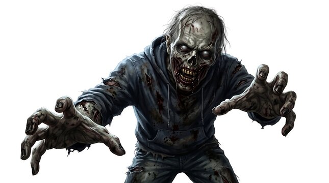 A terrifying undead zombie reaching out with decaying hands isolated on a white background perfect for a spooky halloween themed graphic design project or poster
