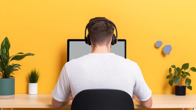Dynamic Cafe Technology Moment: Remote Employee Wearing Headphones During Virtual Meeting Wor