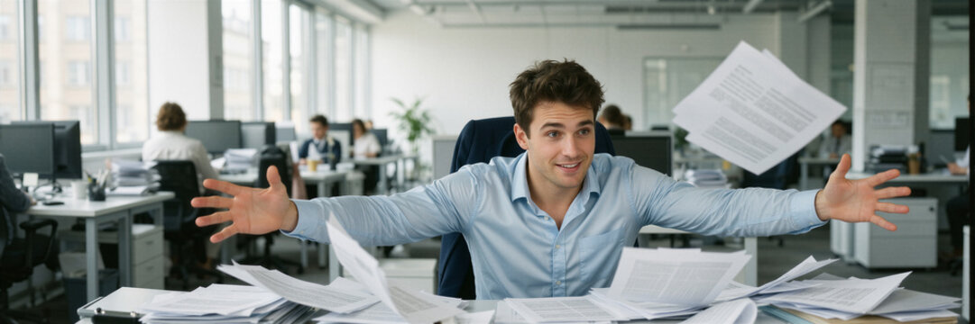 Young man sits calmly at a desk overwhelmed with paperwork, conveying focus and contentment in a modern office.