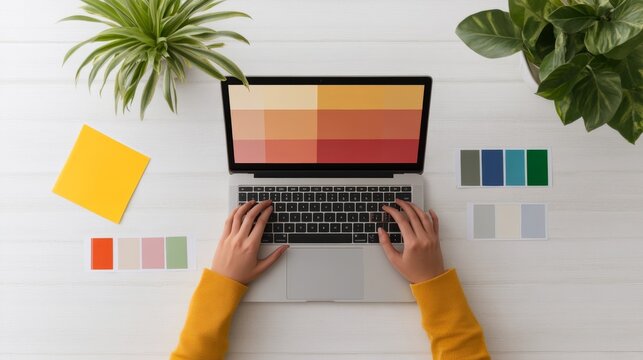 Focused Remote Career Moment: Anonymous Designer Working Remotely On Laptop With Color Samp