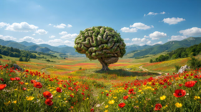 A tree shaped like a human brain standing in a beautiful colorful meadow with flowers and mountains