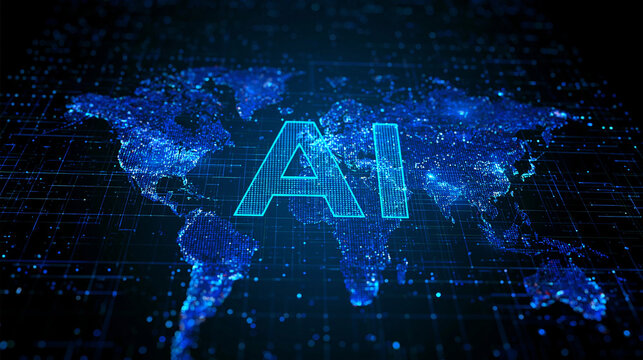 A glowing blue world map digital network graphic with AI text overlay shines in a dark cyber space. This technology background is ideal for artificial intelligence and global.
