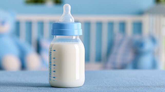 Baby bottle filled with milk sits in a nursery setting with blurred blue stuffed animals and crib. Infant feeding concept for parenting.