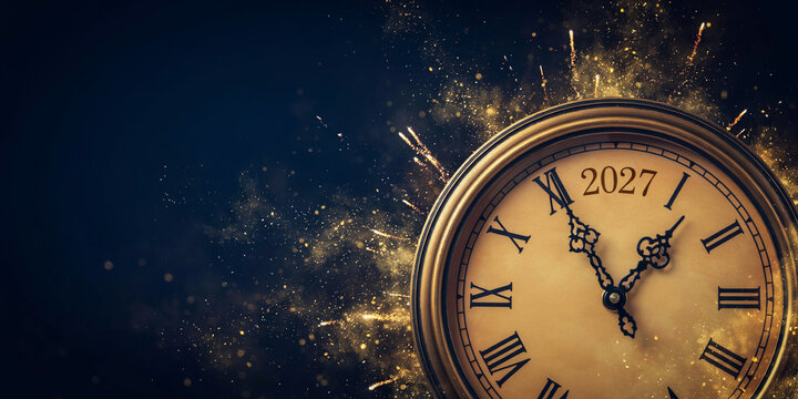 Happy New Year 2027 vintage clock showing almost midnight with golden fireworks explosion and glitter dust banner.