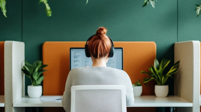 Productive Business Planning Scene: Business Analyst Working Remotely From Coworking Booth Workin