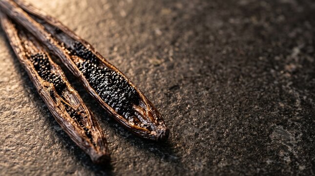 Close up of two dried vanilla bean pods split open revealing tiny black seeds on a dark textured surface