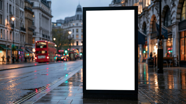 An empty blank advertising billboard stands on a wet London city street at dusk. Use this for outdoor marketing campaigns and brand promotion mockups.