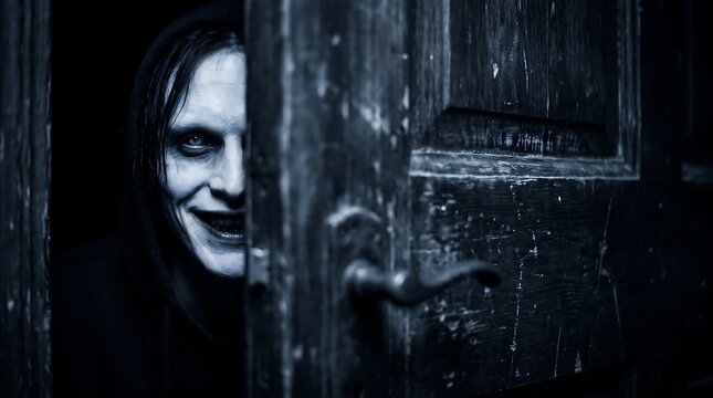A terrifying pale woman with dark eyes and a sinister smile peeking through a wooden door frame in a dark room for a spooky halloween