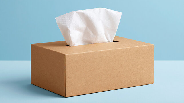A cardboard tissue box with white paper tissue pulls out on a clean light blue background. Perfect for healthcare and hygiene concepts.