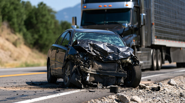 A severely damaged black car after a collision with a semi-truck on a highway. Useful for traffic accident and car insurance concepts.