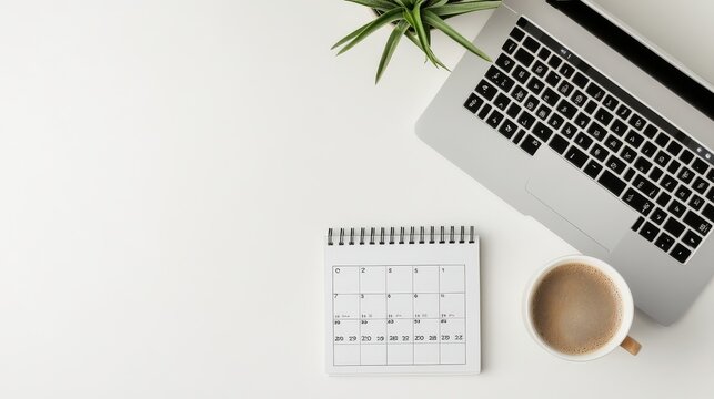 Relaxed Portable Office Scene: Cozy Home Workspace With Laptop Calendar Coffee Working Remot