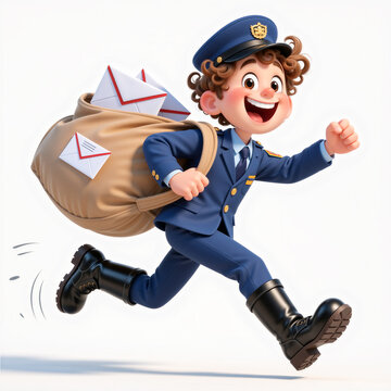 Joyful junior postman with curly hair and oversized mail bag bursts forward with a huge grin on a light white background.