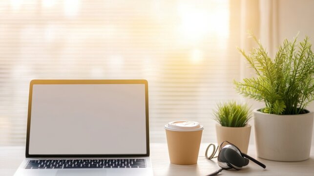 Warm Morning Workflow: Premium Remote Work Setup With Laptop Headset Coffee Plants W