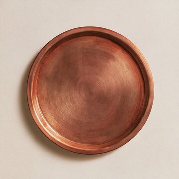 A circular copper tray with a warm metallic sheen and visible brushed texture, isolated on a plain light background, for a clean look