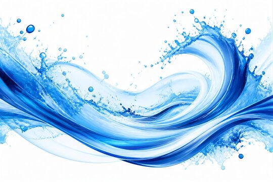Fluid blue waves swirl with energy and grace. Shimmering droplets explode upward in dynamic motion. Pure white background enhances vivid color and motion. Ideal for themes of refreshment, renewal