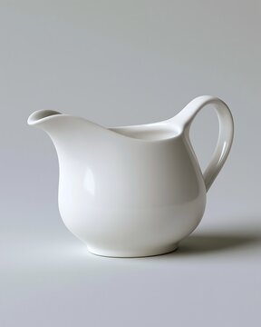 A clean white ceramic gravy boat with a smooth finish, featuring a classic curved handle and pouring spout, set against a soft gray background