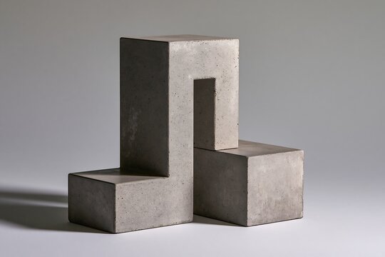 A geometric concrete sculpture with an interlocking block form isolated on a light grey background, for architectural and, artistic display