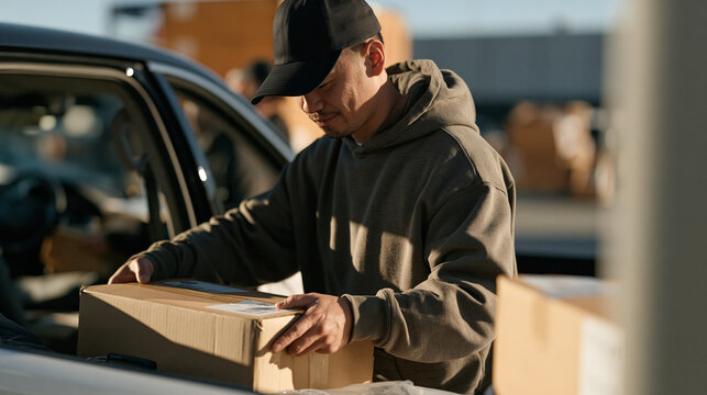 A taxi driver in an industrial district drops off a last mile delivery parcel at a loading bay in a candid unposed moment, his rideshare vehicle repurposed to meet surging urban