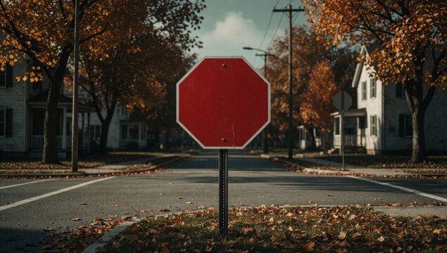 Red stop sign side street center facing towards right frame lined trees both sides there houses left have oran