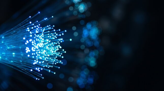 Close up of glowing blue fiber optic strands with bokeh effect on a dark background