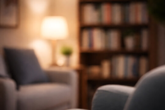 Blurred cozy living room with armchairs lamp and bookshelf warm home interior background
