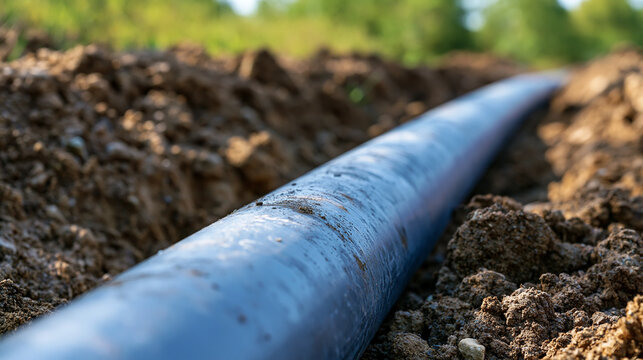 A long blue plastic water pipe lies buried in a narrow trench under natural daylight. This utility installation scene is perfect for municipal infrastructure projects.