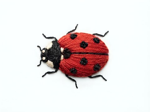 Knitted red ladybug with black spots and antennae on white